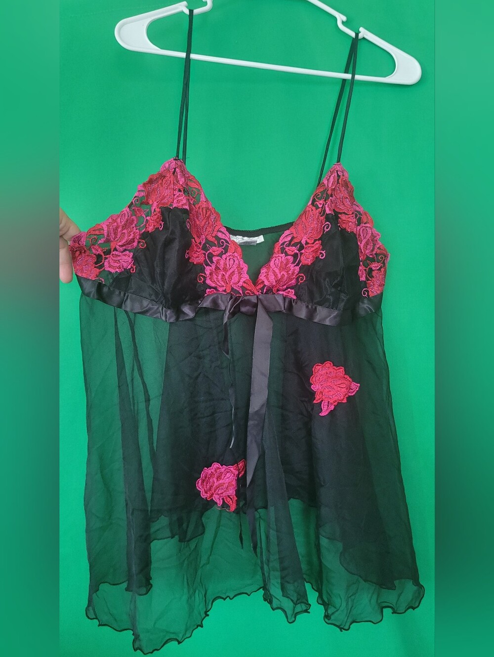 Seductive Wear Sheer Black Babydoll Lingerie Pink Floral Embroidery Nightie XL